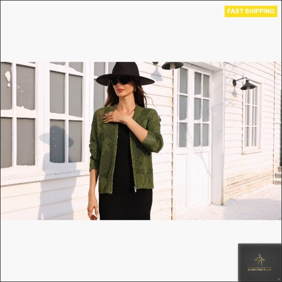 Crochet Cardigan Zipper Sweater Jacket Long Sleeve Ribbed Bomber - Picture 7 of 7